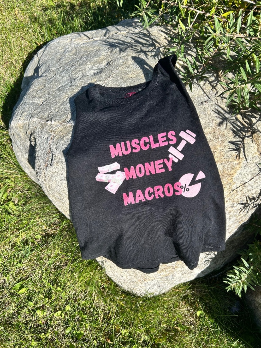 Women’s Black Tank Top with Pink 'Muscles Money Macros' Graphic